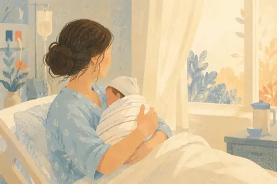 Mother Cradling Newborn in Hospital Room