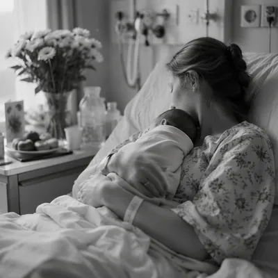 Mother Holding Newborn in Hospital Room