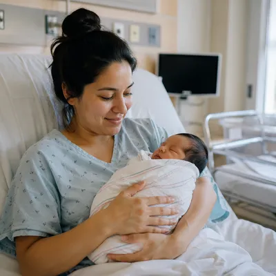 Tender Mother and Newborn in Hospital