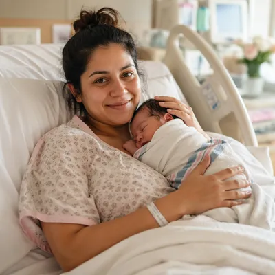 Mother Holding Newborn in Hospital Room