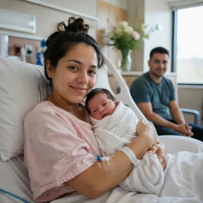 Mother Holding Newborn in Hospital Room