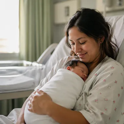 New Mother Cradling Newborn in Hospital