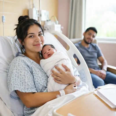 Mother Cradling Newborn in Hospital Bed