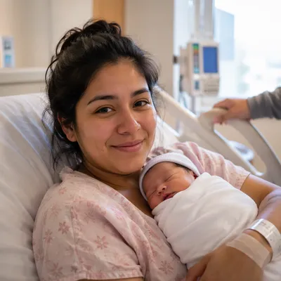 Mother Holding Newborn in Hospital Room