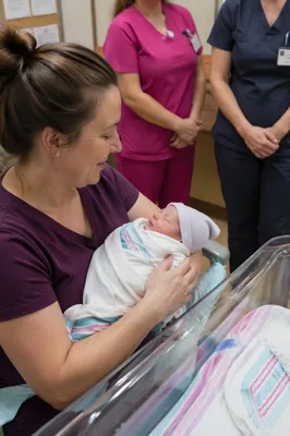 Mother Holding Newborn in Hospital Room