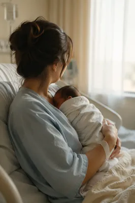 New Mother Cradling Newborn in Hospital