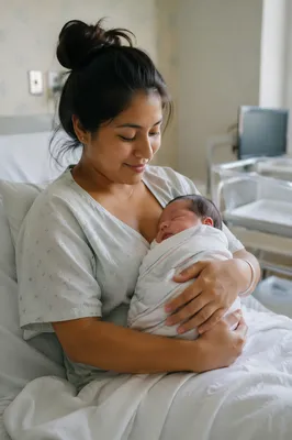 Mother Holding Newborn in Hospital Room