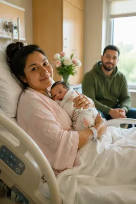 Mother Holding Newborn in Hospital Room