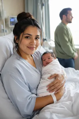 Mother Holding Newborn in Hospital Room