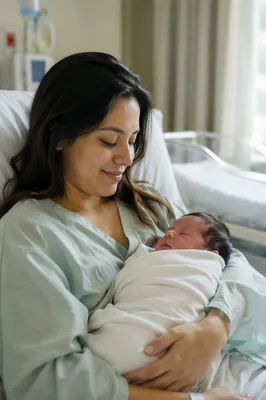 Mother Cradling Newborn in Hospital Room