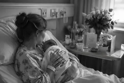 Mother Holding Newborn in Hospital Quietly