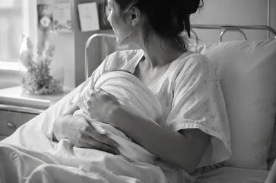 New Mother Holding Newborn in Hospital