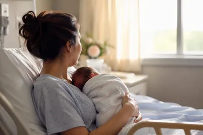 New Mother Cradling Newborn in Hospital