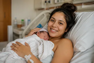 Mother Holding Newborn in Hospital Bed
