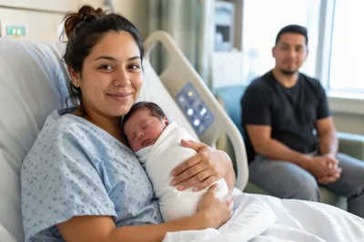 Mother Cradling Newborn in Hospital Room