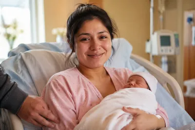 Mother Holding Newborn in Hospital Room