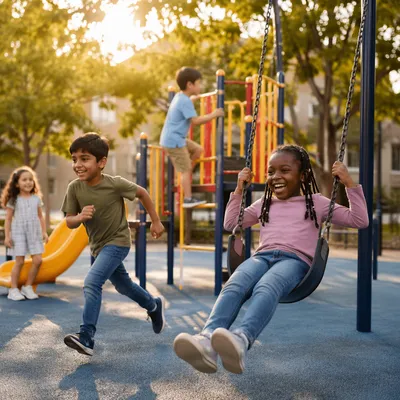 Diverse Children Playing on Neighborhood Playground