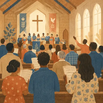 Multicultural Congregation Singing in Wooden Sanctuary