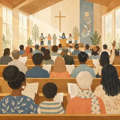Multicultural Congregation Singing in Morning Light