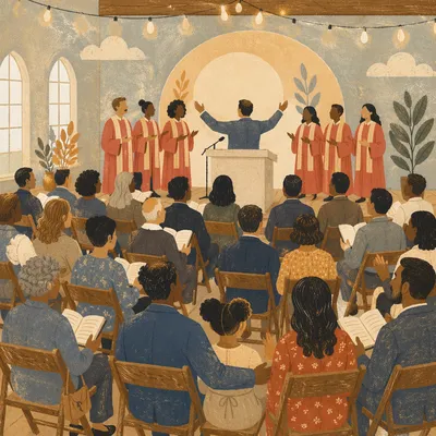 Multicultural Congregation Singing in Modern Church Hall