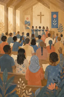 Multicultural Congregation Singing in Wooden Sanctuary