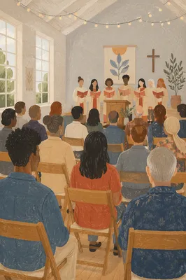Multicultural Congregation Singing in Bright Church Hall