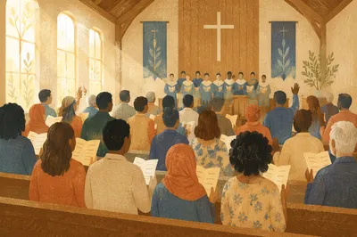 Multicultural Congregation Singing in Wooden Sanctuary
