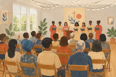 Multicultural Congregation Singing in Bright Worship Room