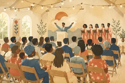 Multicultural Congregation Singing in Modern Church Hall