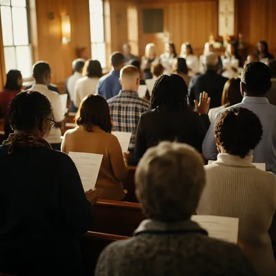 Multicultural Congregation Singing in Wooden Sanctuary