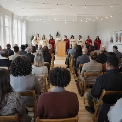 Multicultural Congregation Singing in Bright Worship Room