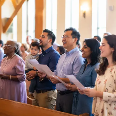 Diverse Congregation Singing in Bright Worship Hall