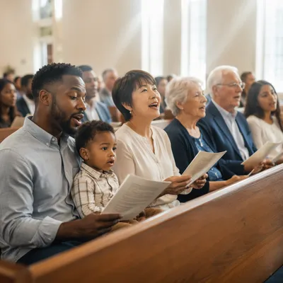 Diverse Congregation Singing in Bright Church Hall