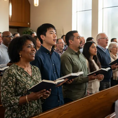 Multicultural Congregation Singing in Bright Church