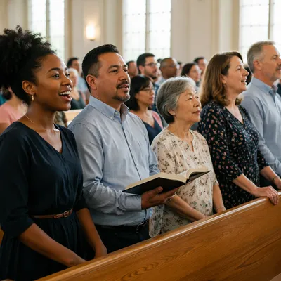 Diverse Congregation Singing in Sunlit Church
