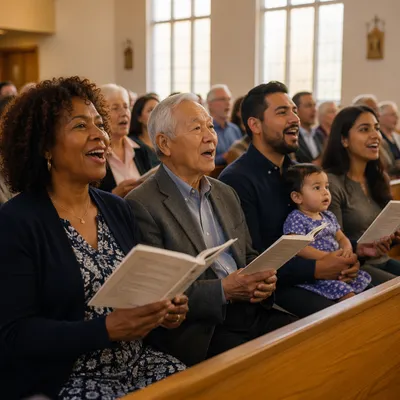 Multicultural Congregation Singing in Bright Sanctuary