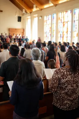 Multicultural Church Congregation Singing in Morning Light