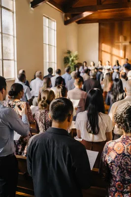 Multicultural Congregation Singing in Wooden Sanctuary