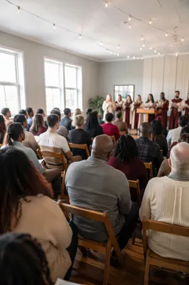 Multicultural Congregation Singing in Bright Worship Room