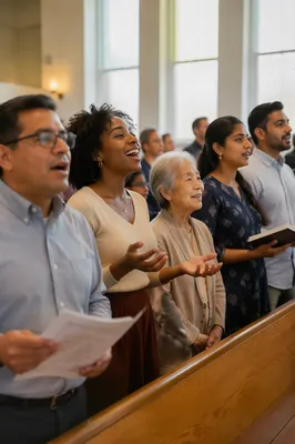 Multicultural Congregation Singing in Bright Church Hall