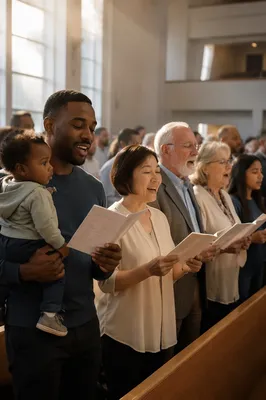 Diverse Church Congregation Singing Together Indoors