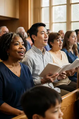 Multicultural Congregation Singing in Bright Church Hall