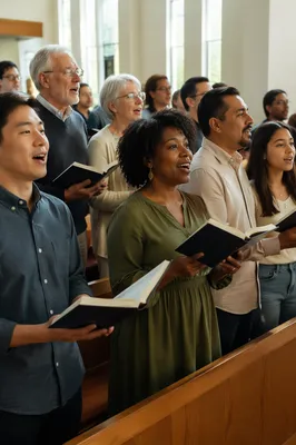 Multicultural Congregation Singing in Bright Church Hall