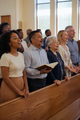 Multicultural Congregation Singing in Sunlit Church