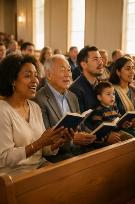 Multicultural Congregation Singing in Bright Sanctuary
