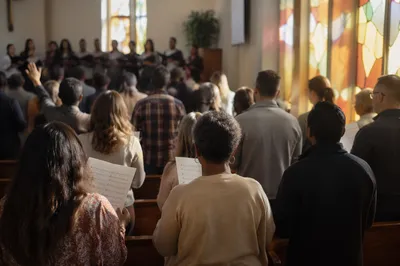 Multicultural Congregation Singing in Morning Light