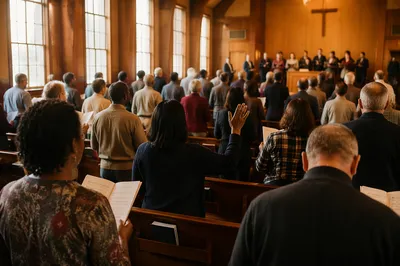 Multicultural Congregation Singing in Wooden Sanctuary