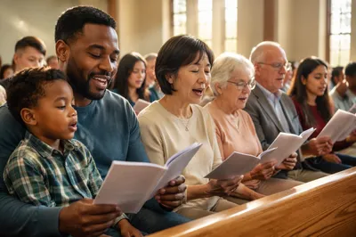 Diverse Church Congregation Singing Together Indoors