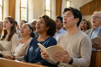 Multicultural Congregation Singing in Bright Church Hall