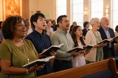 Multicultural Congregation Singing in Bright Church Hall